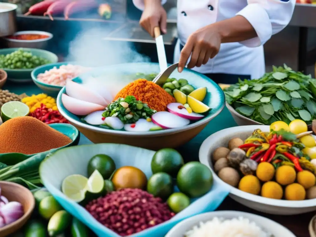 Un vibrante mercado peruano con platos icónicos de la gastronomía peruana