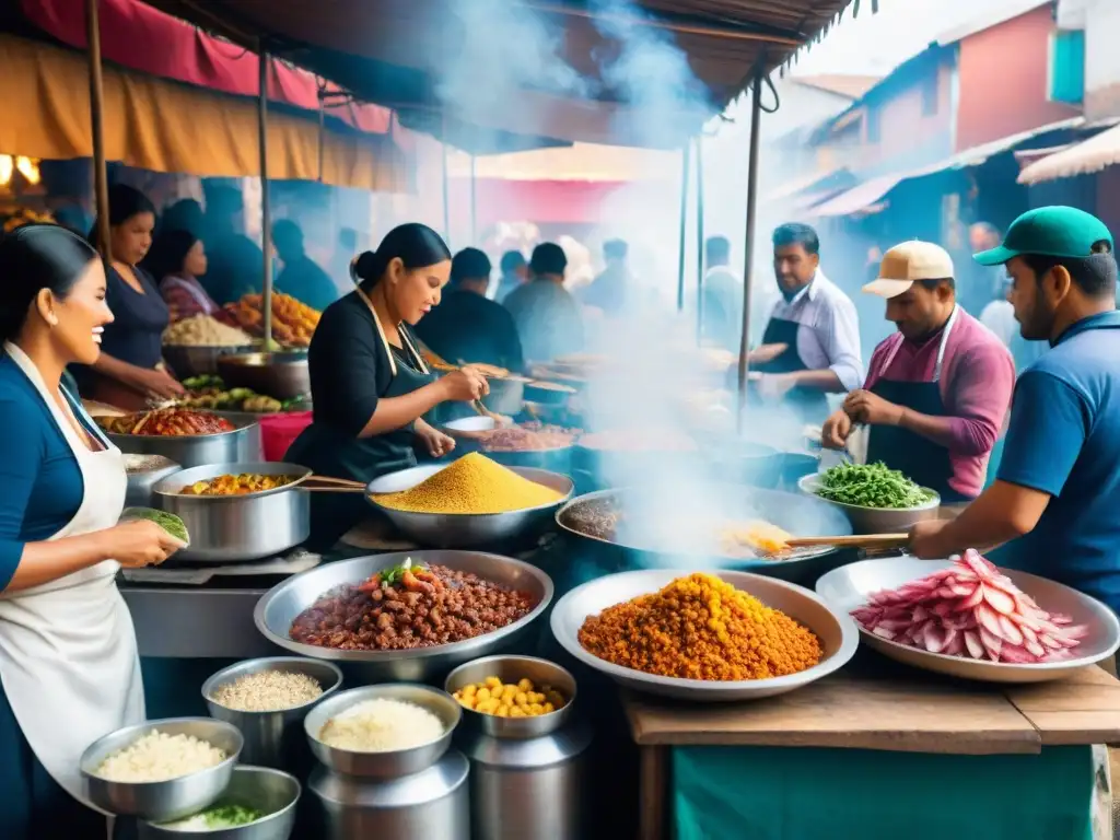 Un vibrante mercado peruano con platos tradicionales y coloridos, donde la gastronomía peruana cobra vida