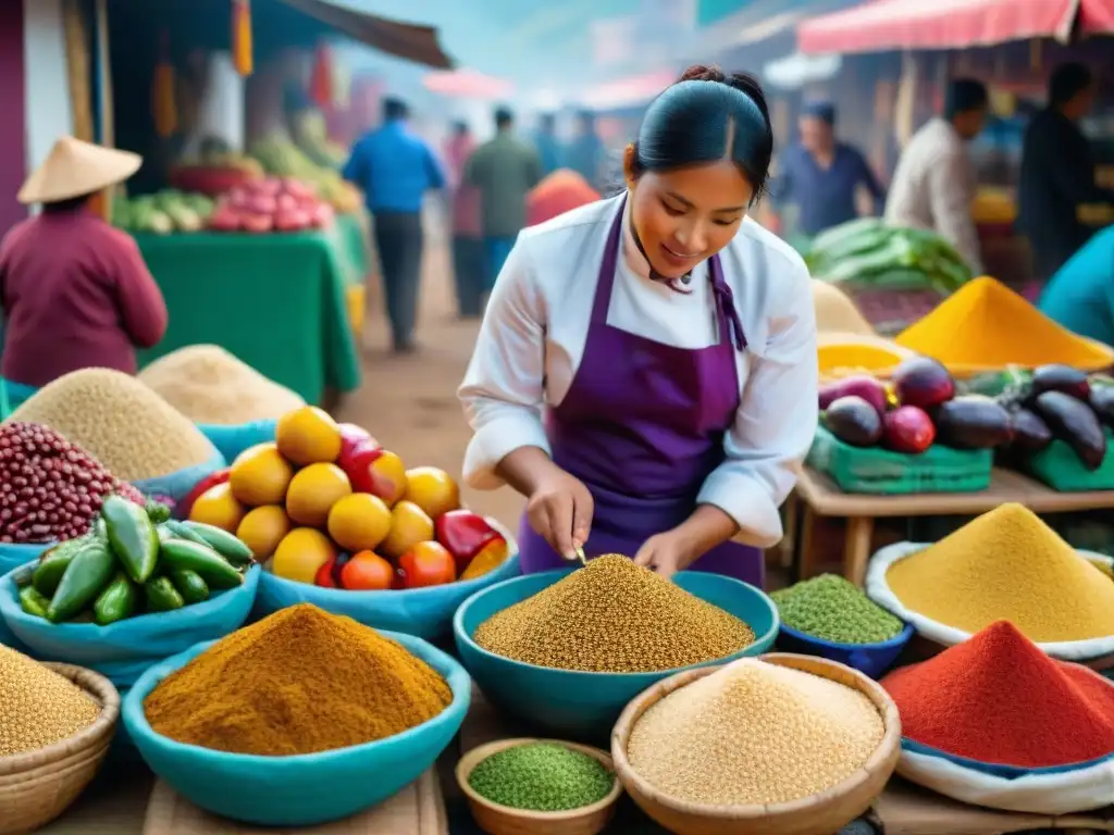 Un vibrante mercado peruano con platos peruanos cocina apps y colores de la gastronomía local