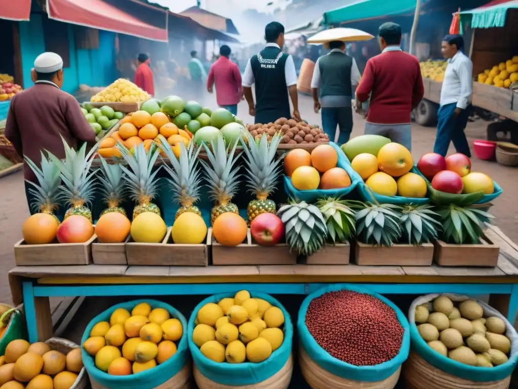 Vibrante mercado peruano con Ponche de los Libertadores, frutas frescas y vendedores en trajes andinos