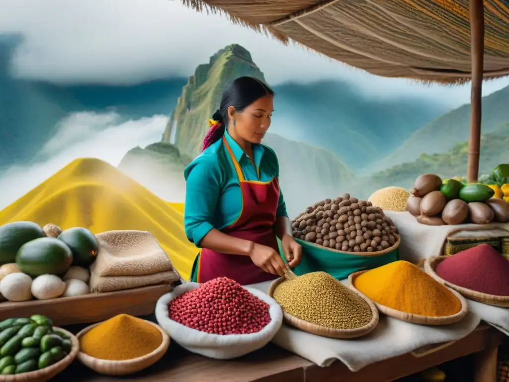 Vibrante mercado peruano con productos de sacha inchi y la cultura local