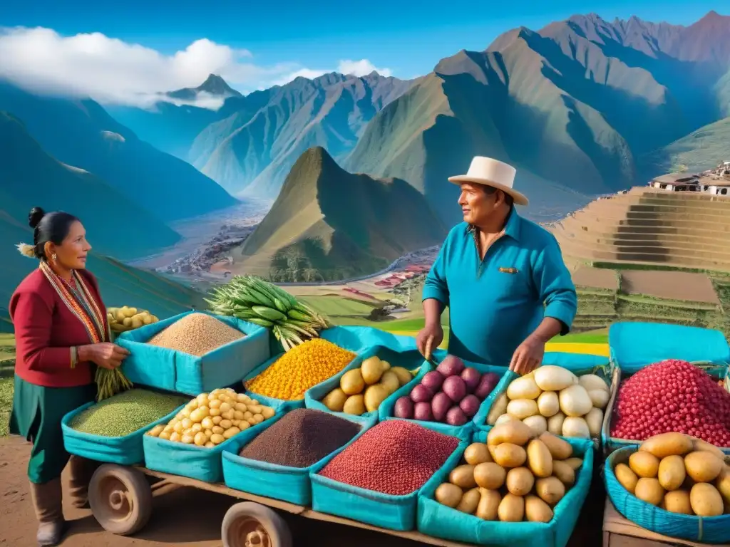 Vibrante mercado peruano con productos agrícolas y biodiversidad en gastronomía peruana