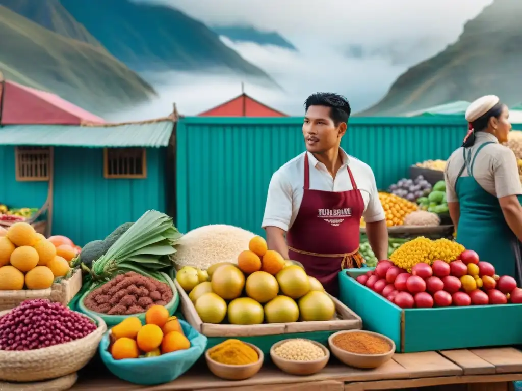 Vibrante mercado peruano con productos locales y sabores tradicionales adaptándose a nuevos paladares