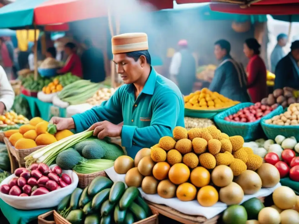 Un vibrante mercado peruano con puestos de frutas y platos tradicionales