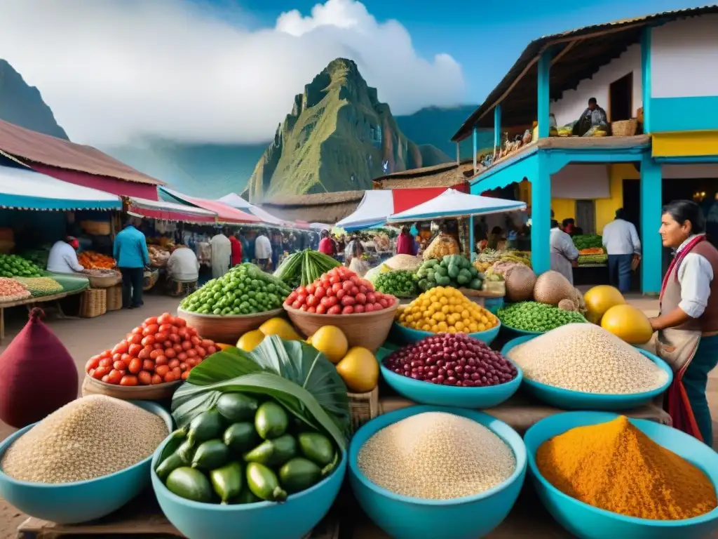 Un vibrante mercado peruano con puestos coloridos y alimentos tradicionales, reflejando la fusión de tecnología alimenticia en Perú