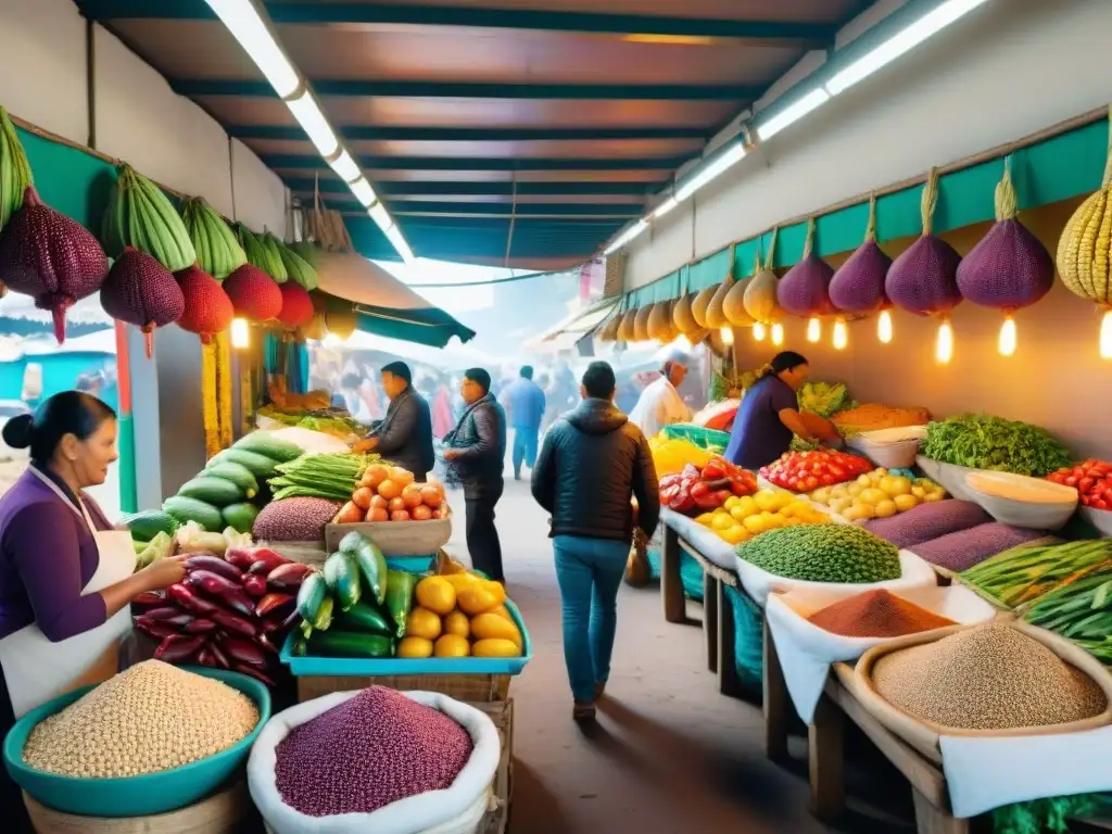 Vibrante mercado peruano con puestos coloridos y ingredientes tradicionales