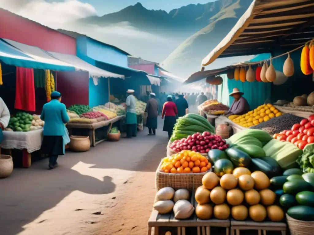 Vibrante mercado peruano con puestos de frutas y especias, destacando la cultura gastronómica