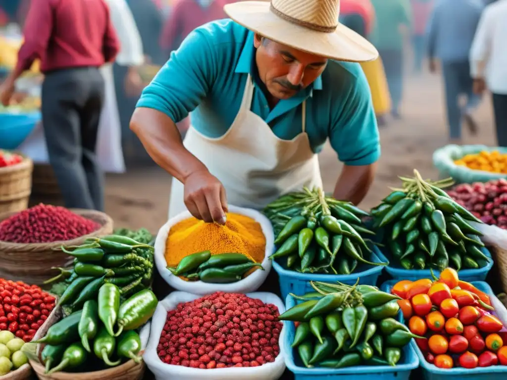 Un vibrante mercado peruano con puestos coloridos y variedad de ajíes