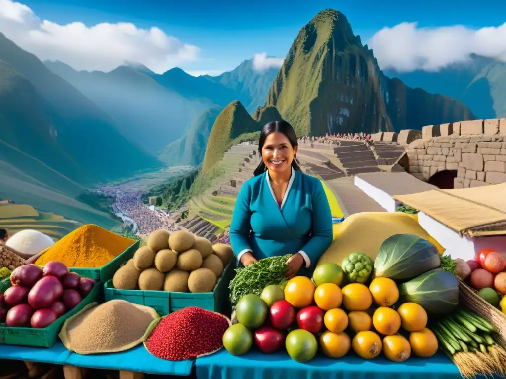 Un vibrante mercado peruano con puestos llenos de frutas, verduras y especias únicas