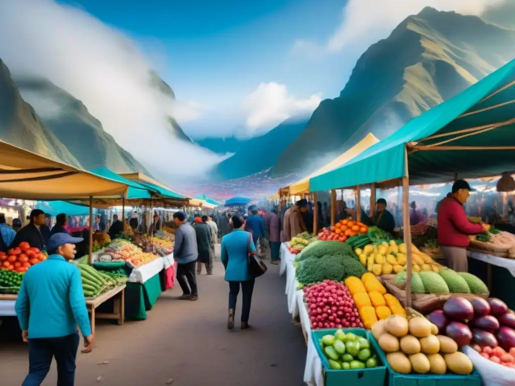 Vibrante mercado peruano con puestos de frutas y verduras, vendedores indígenas y textiles tradicionales