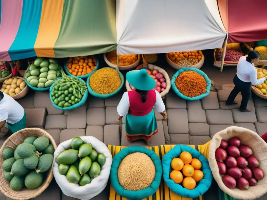 Vibrante mercado peruano con puestos coloridos y diversidad de ingredientes locales