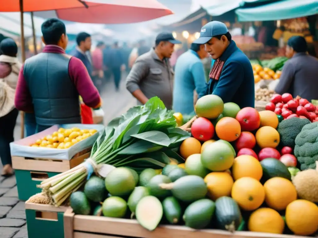 Vibrante mercado peruano con puestos coloridos y productos locales, reflejando la diversidad culinaria