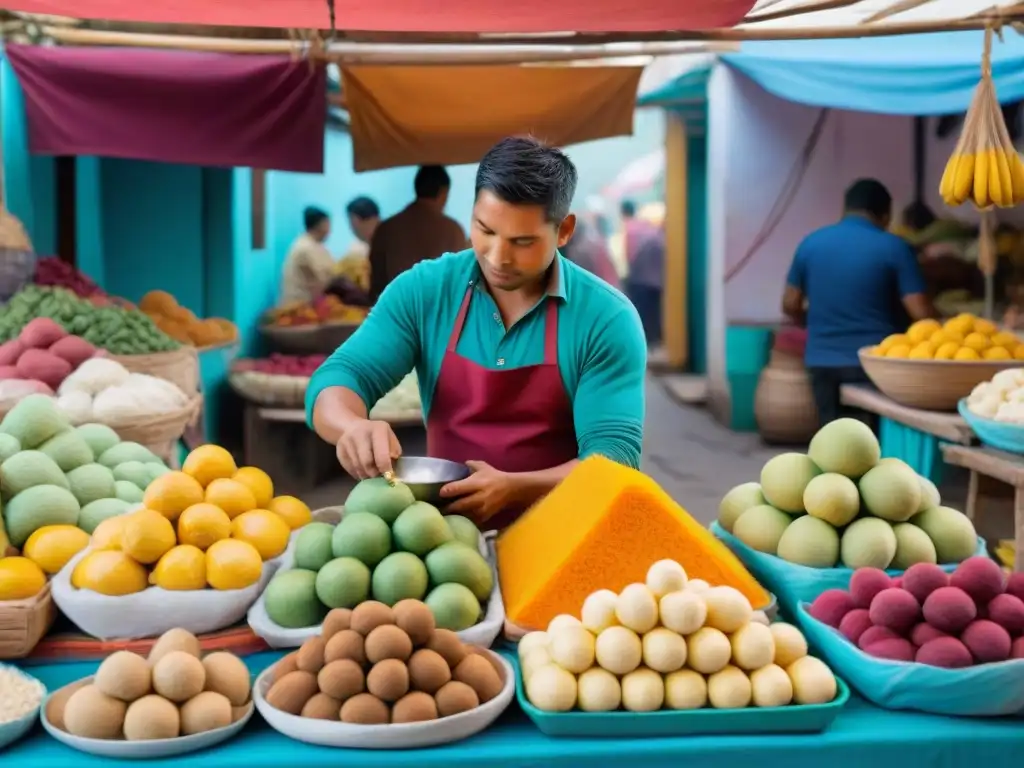 Vibrante mercado peruano con puestos de frutas exóticas
