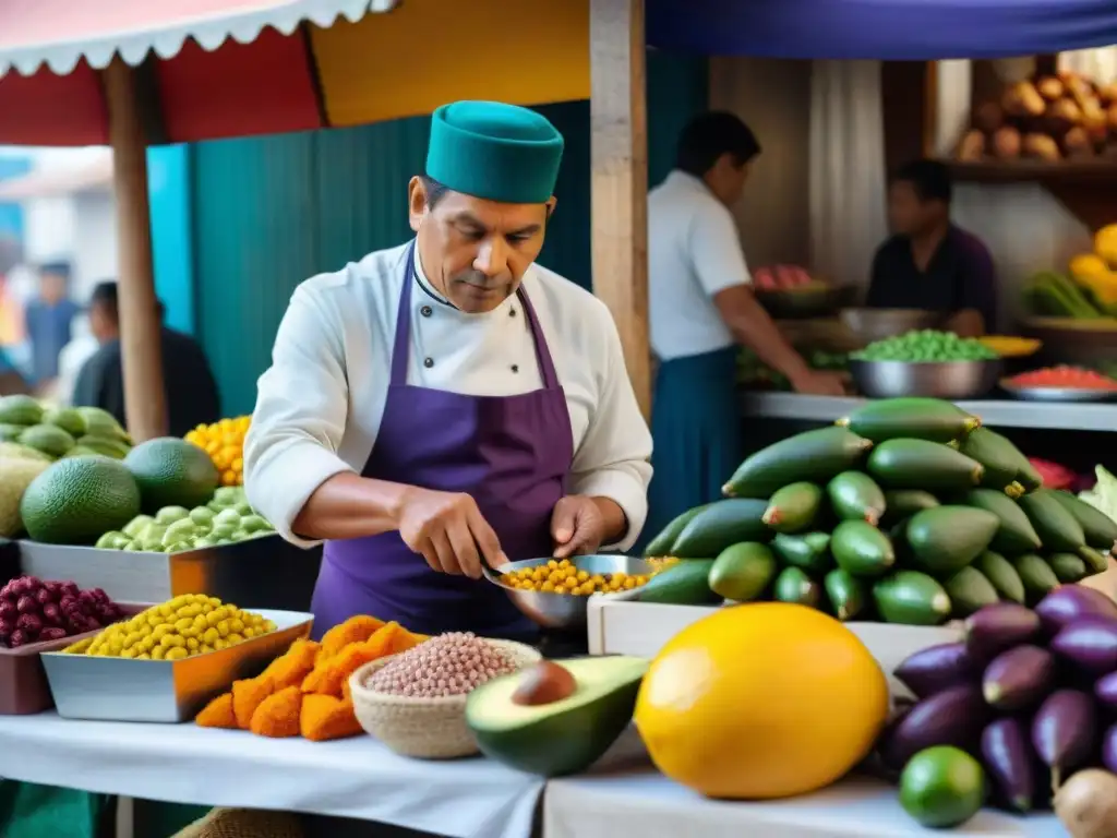 Un vibrante mercado peruano rebosante de productos frescos como maíz morado, ají amarillo, aguacates y frutas exóticas