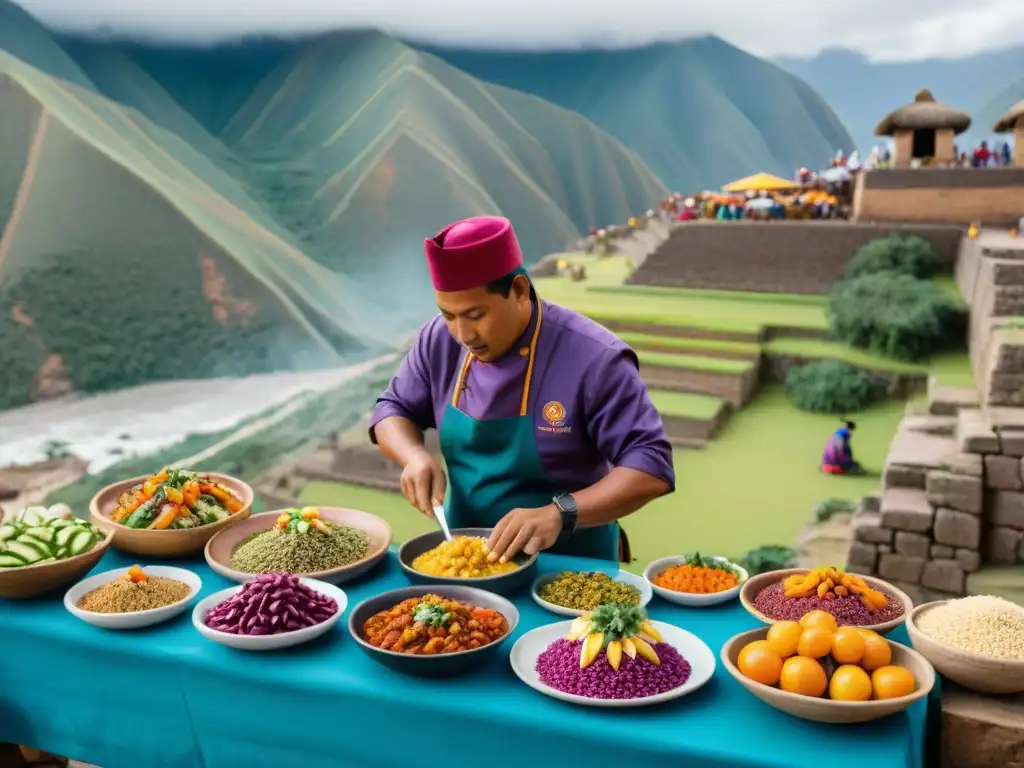 Un vibrante mercado peruano rebosante de colores y sabores, donde un chef prepara ceviche