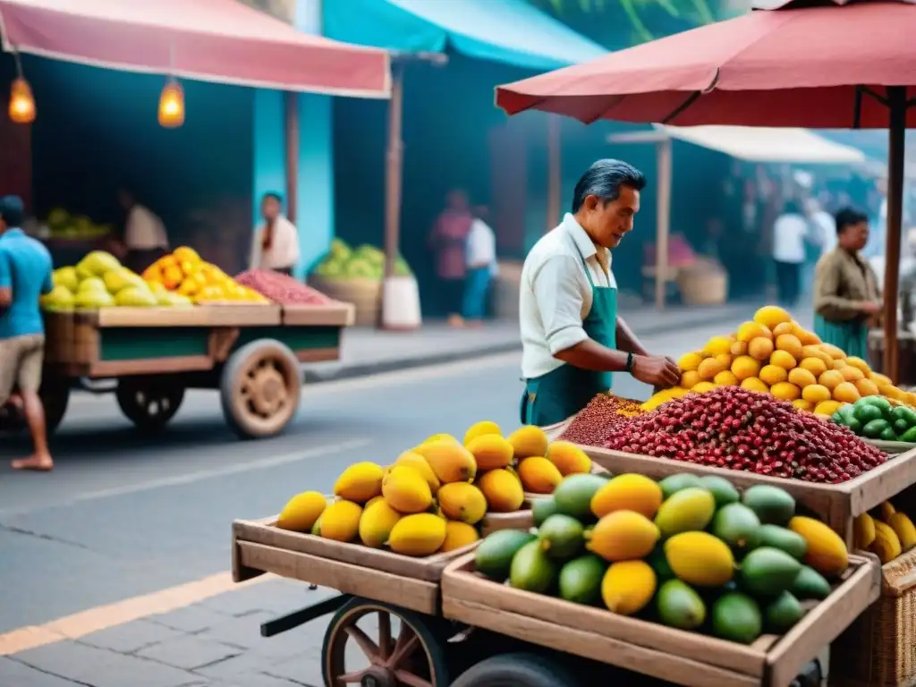 Un vibrante mercado peruano con receta refresco mango ají peruano