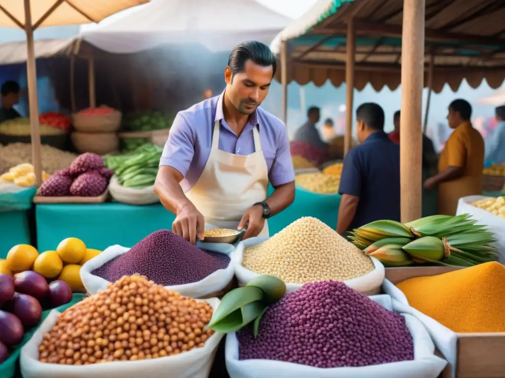 Un vibrante mercado peruano repleto de frutas y granos andinos, con turistas probando ceviche