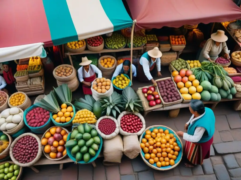 Un vibrante mercado peruano repleto de frutas exóticas, textiles coloridos y cerámica andina