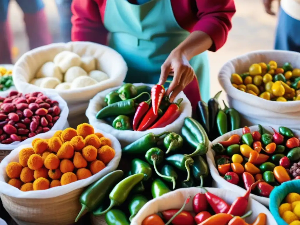 Un vibrante mercado peruano repleto de ajíes de colores y formas variadas