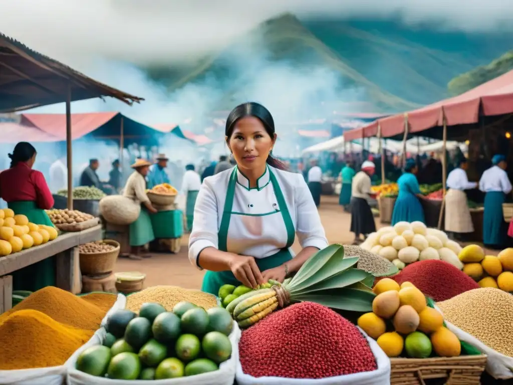 Vibrante mercado peruano del siglo XIX, fusionando ingredientes nativos con influencias culinarias europeas durante la Revolución Industrial