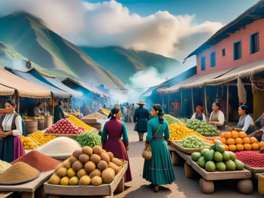 Vibrante mercado peruano del siglo XIX durante la Revolución Industrial en la gastronomía, con frutas exóticas y colores