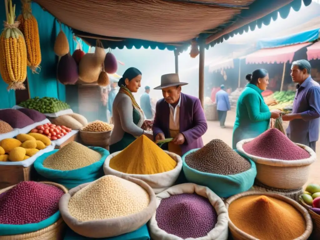 Un vibrante mercado peruano muestra superalimentos y vendedores locales, reflejando la gastronomía global