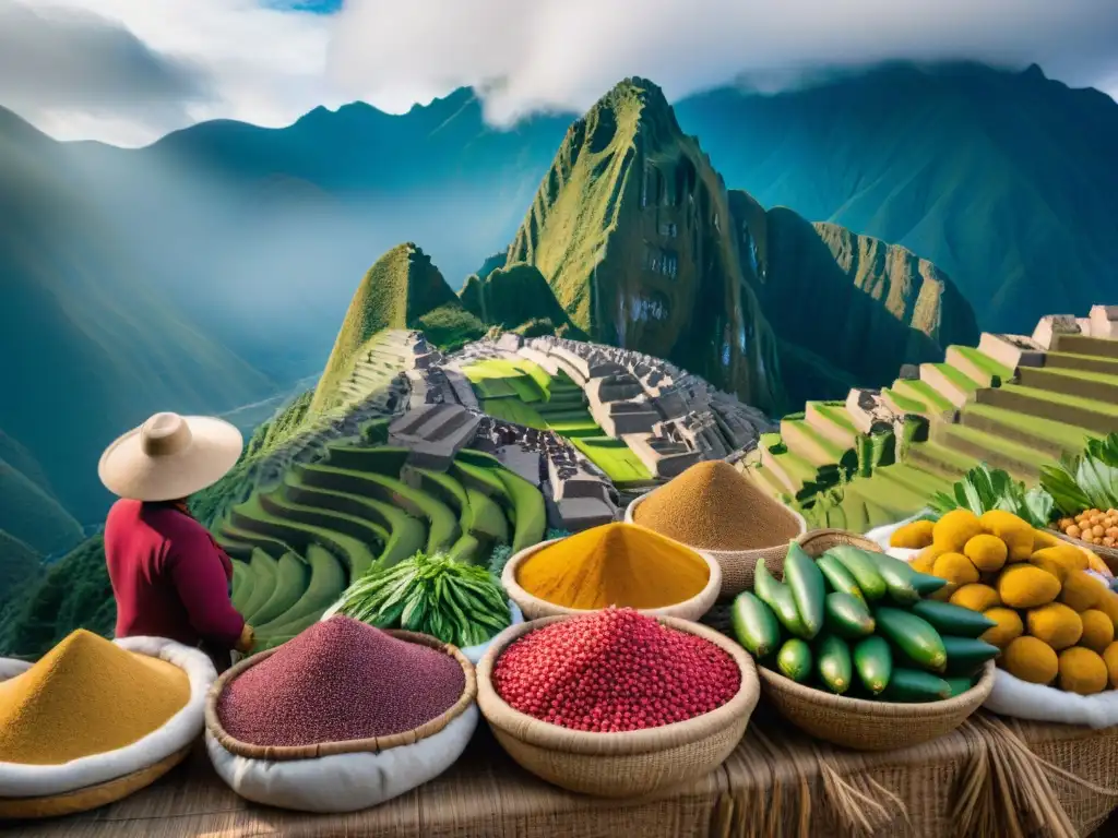 Un vibrante mercado peruano con superfoods, mostrando sostenibilidad global y cultura local