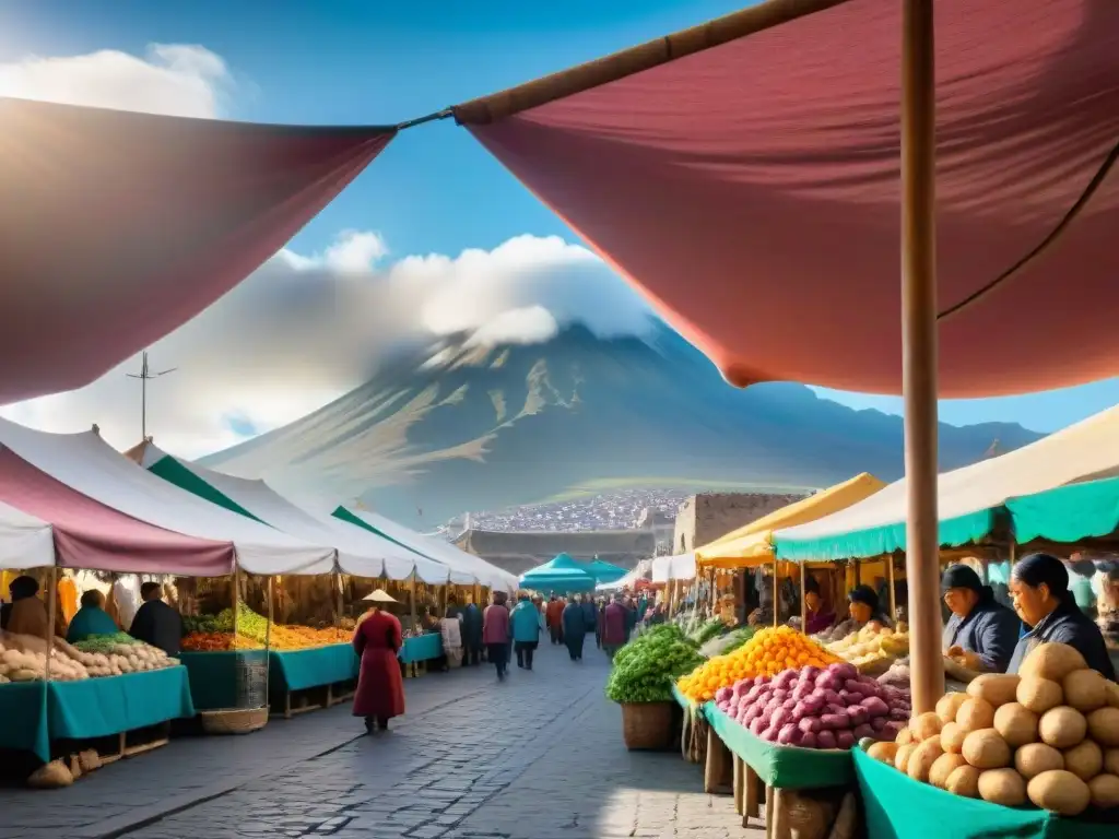 Un vibrante mercado peruano en Arequipa, tradicional y lleno de color con ingredientes locales