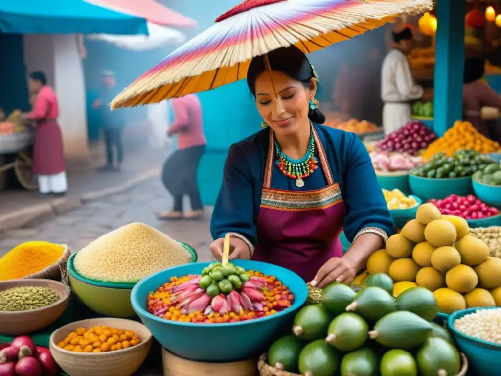 Vibrante mercado peruano con gastronomía tradicional y platos típicos