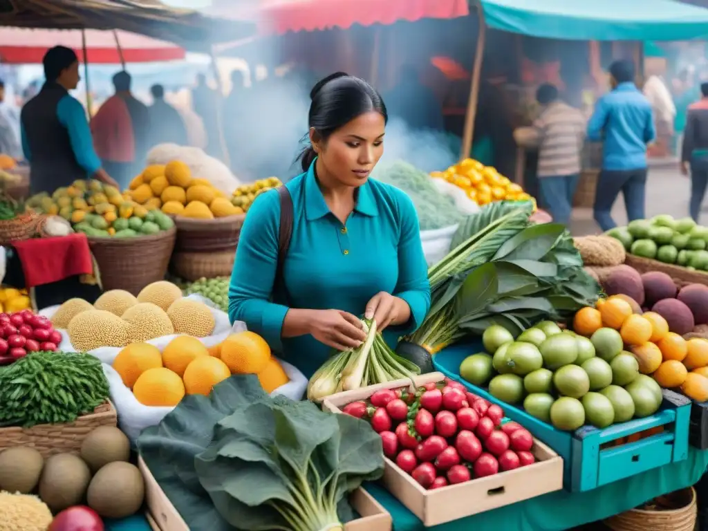 Vibrante mercado peruano con vendedor explicando ingredientes a clientes