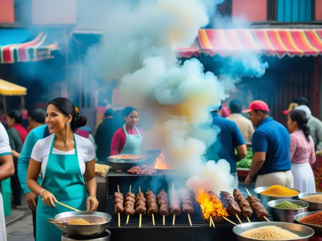 Vibrante mercado peruano con vendedores preparando anticuchos en parrilla humeante