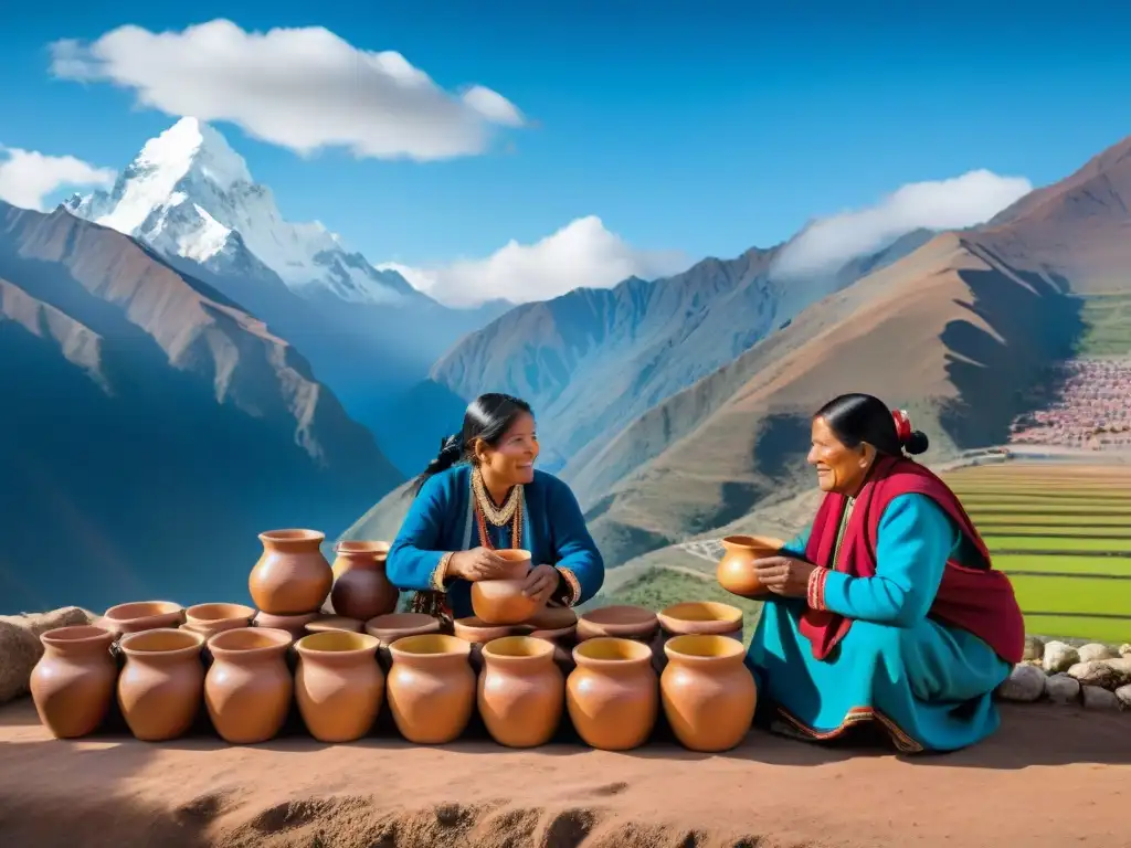 Vibrante mercado peruano en los Andes con vendedores de Agua de cebada en trajes tradicionales, montañas y cielo azul