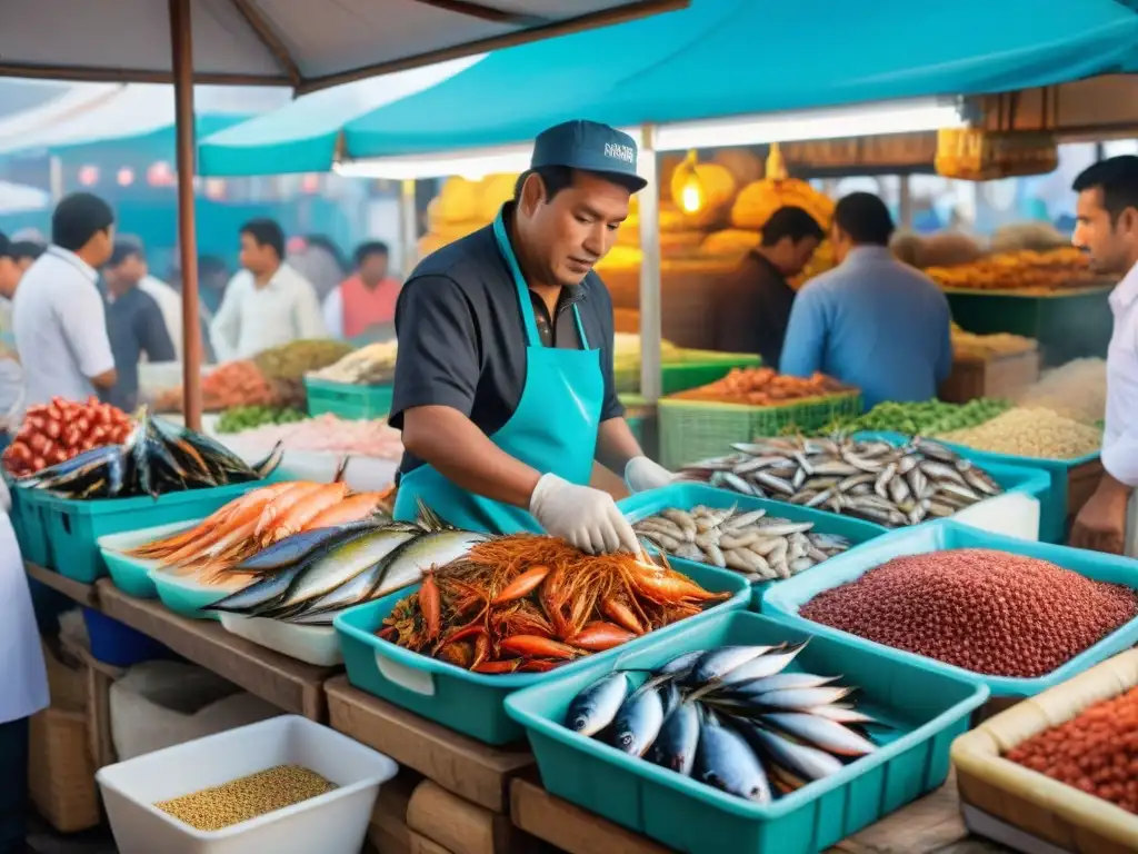 Vibrante mercado de pescado peruano, con mariscos frescos y un chef preparando una receta picante de mariscos peruana