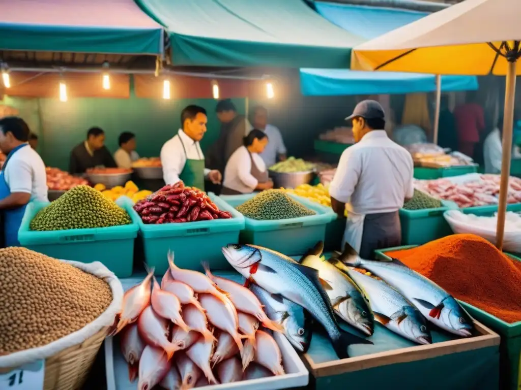 Vibrante mercado de pescado peruano al amanecer, con vendedores seleccionando ingredientes para ceviche