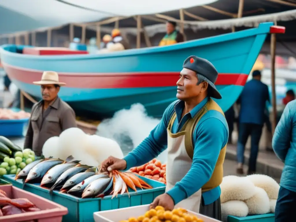 Vibrante mercado de pescado peruano, reflejando el origen e ingredientes del ceviche