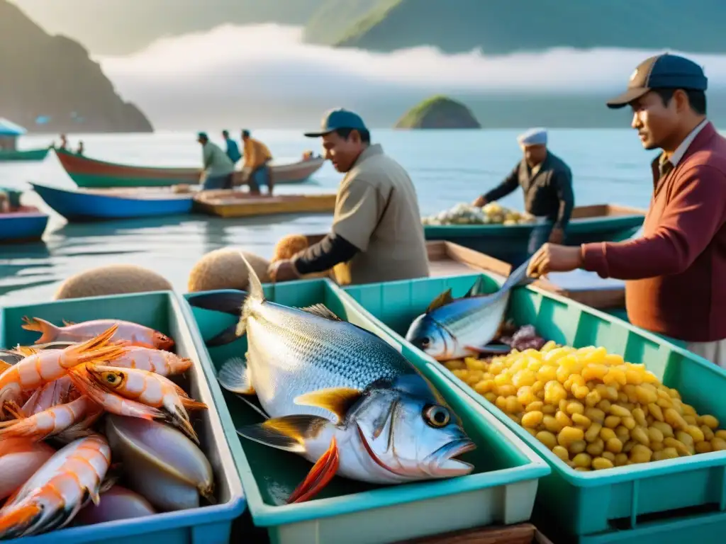 Vibrante mercado de pescado peruano en la costa con pescados frescos y pescadores locales, reflejando el sabor auténtico del ceviche peruano