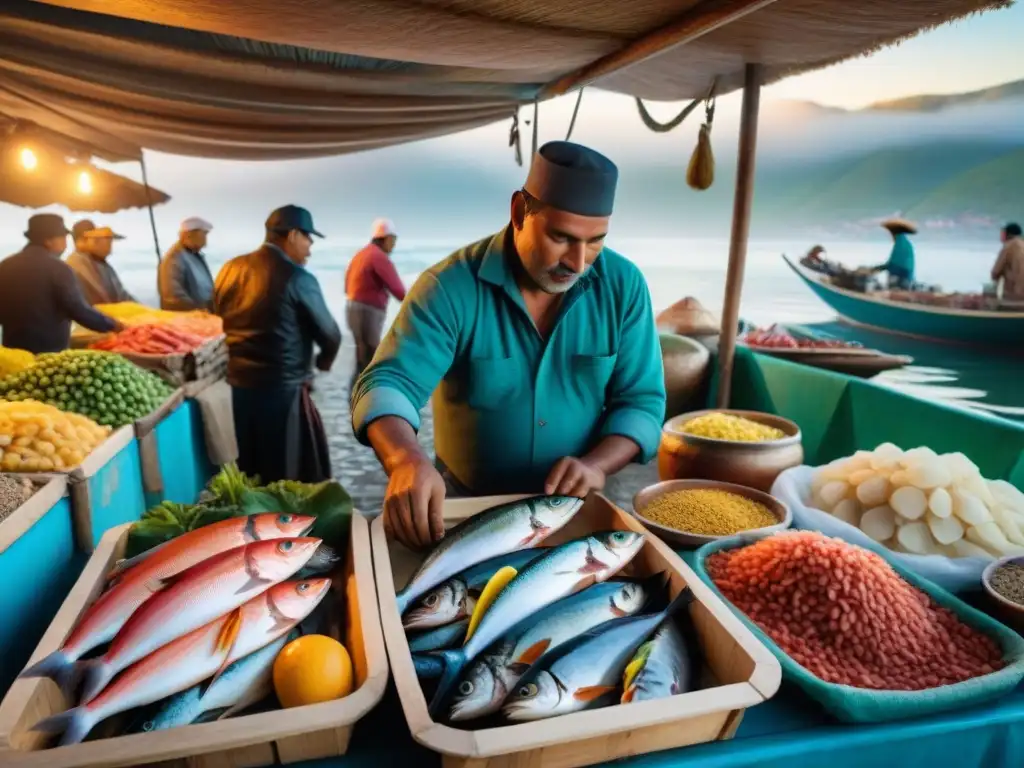 Vibrante mercado de pescado peruano al amanecer, con delicias marinas y pescadores locales