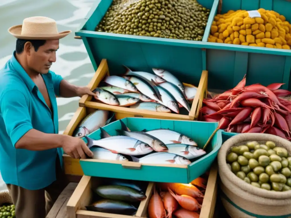 Vibrante mercado de pescado peruano con pescadores locales descargando sus capturas