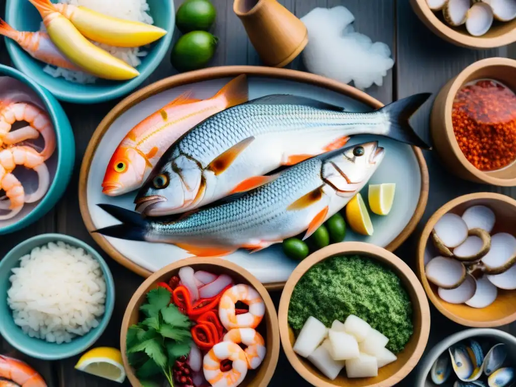 Un vibrante mercado de pescado peruano con ceviche fresco en cuencos tradicionales de madera