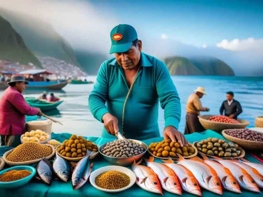 Vibrante mercado de pescado peruano con variedad de comida marina peruana fresca y colorida