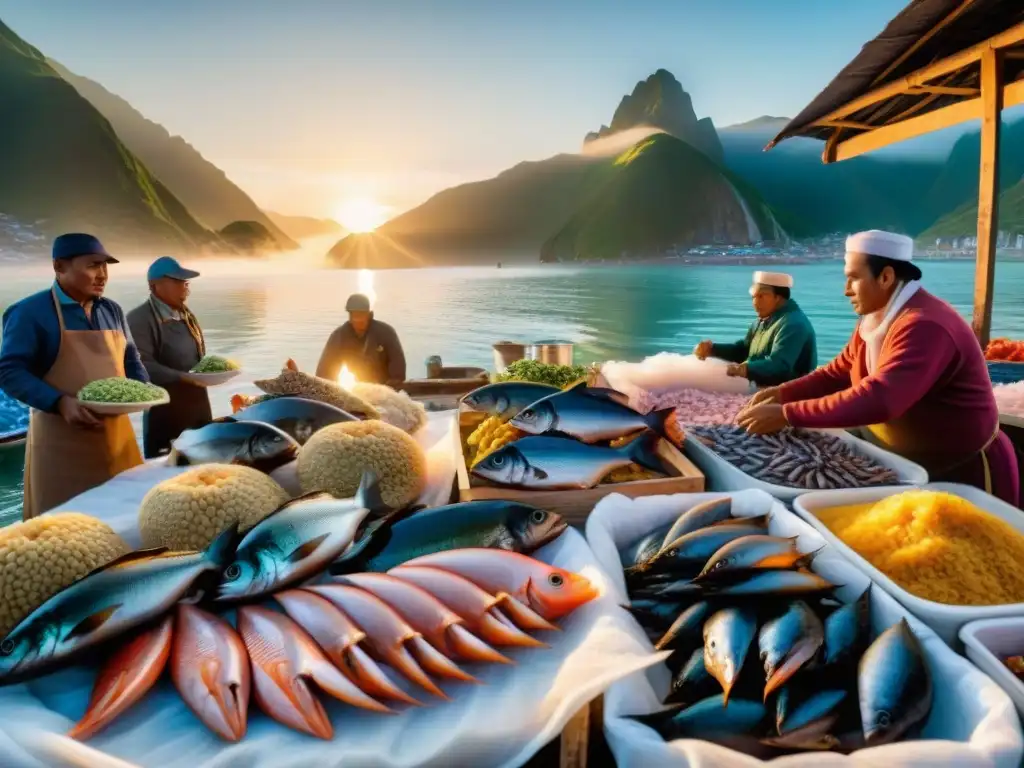 Vibrante mercado de pescado peruano al amanecer, con pescados frescos sobre mesas de hielo y pescadores descargando sus capturas