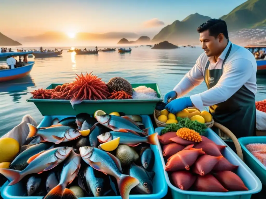 Vibrante mercado de pescado peruano al amanecer, con pescadores descargando barcos llenos de mariscos frescos