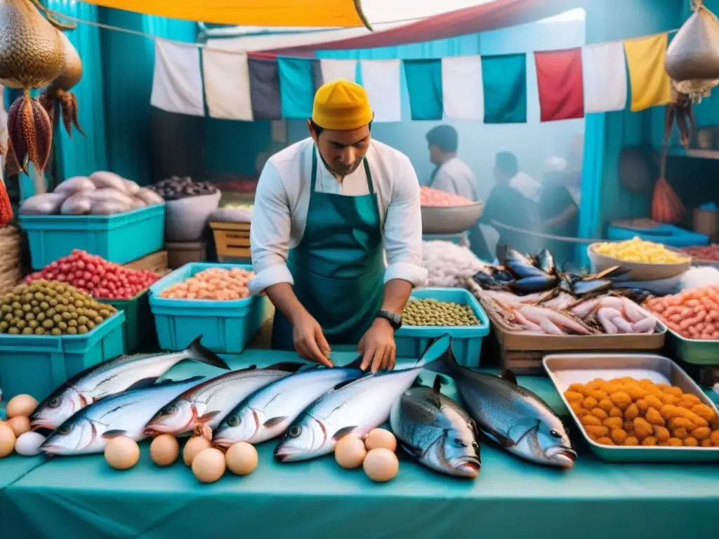 Vibrante mercado de pescado peruano con receta jalea mixta y variedad de mariscos frescos