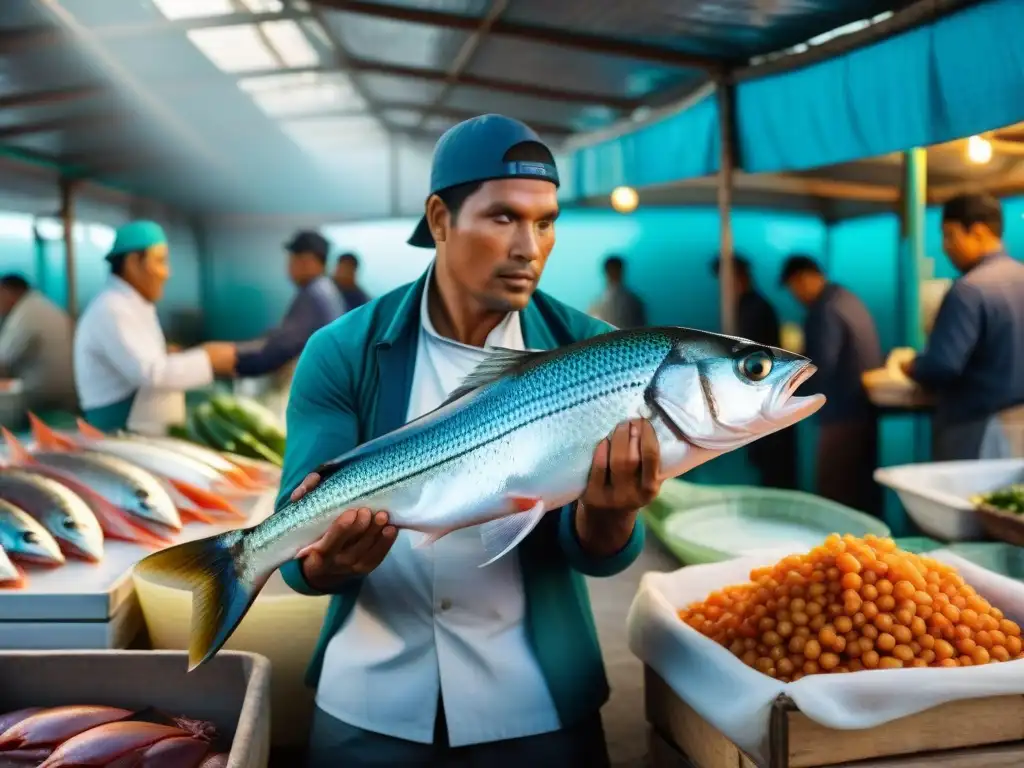 Vibrante mercado de pescado en Perú con pesca sostenible en cocina peruana