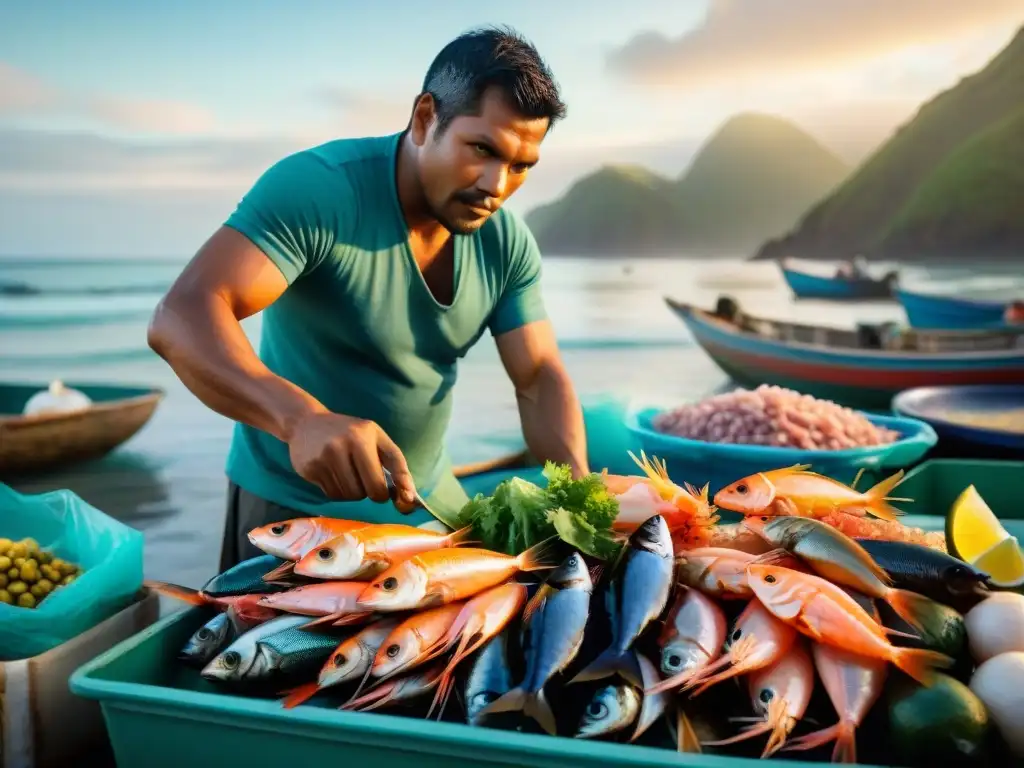 Vibrante mercado de pescado en Perú al amanecer: pescadores locales descargan variedad de mariscos frescos