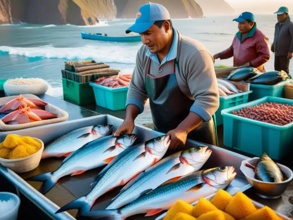 Vibrante mercado de pescado en Perú, con pescadores, clientes y atardecer cálido