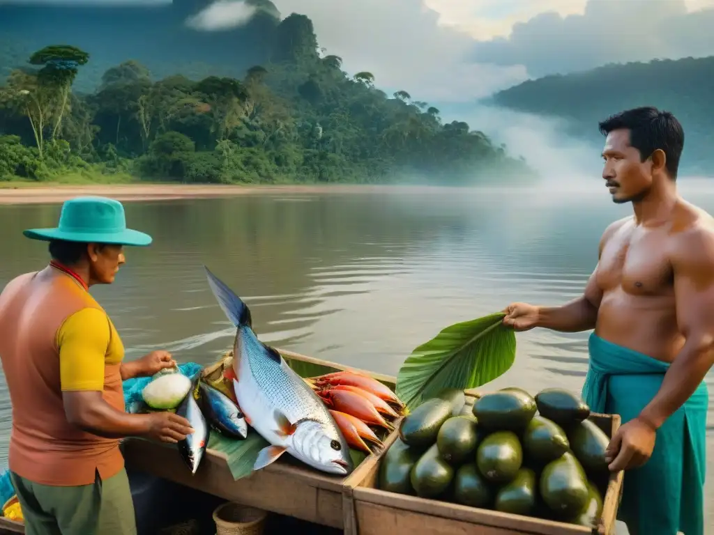 Vibrante mercado de pescado en el río Amazonas, reflejando la dieta local y la actividad económica de la región