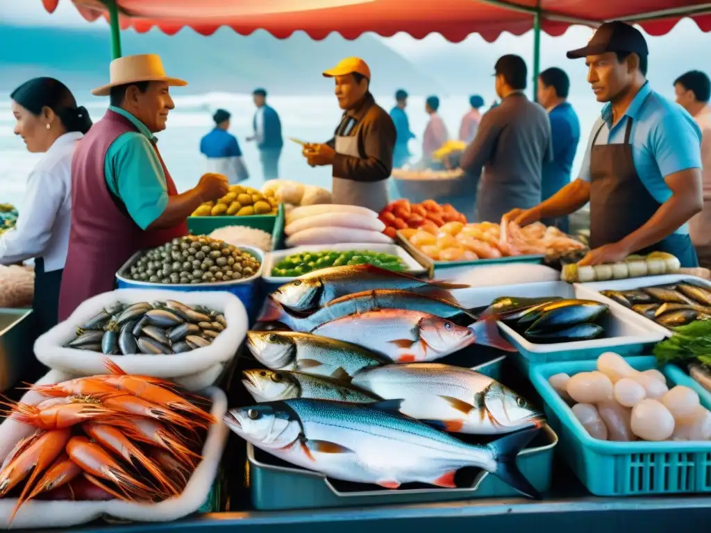 Vibrante mercado de pescados y mariscos peruanos omega 3 con colorida variedad y ambiente cultural