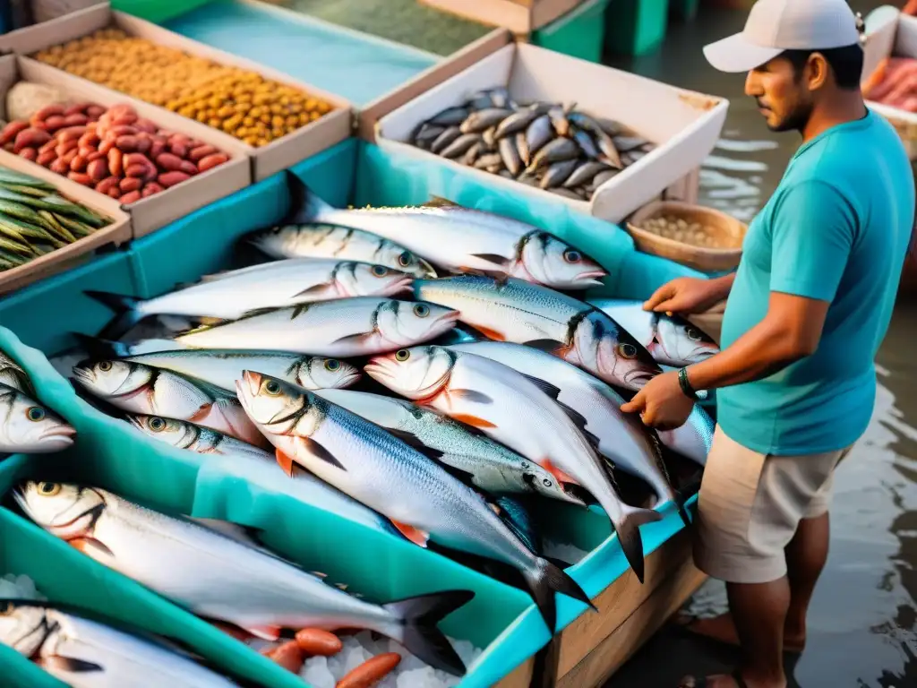 Vibrante mercado de pescados y mariscos peruanos omega 3 con pescadores locales y variedad colorida en hielo