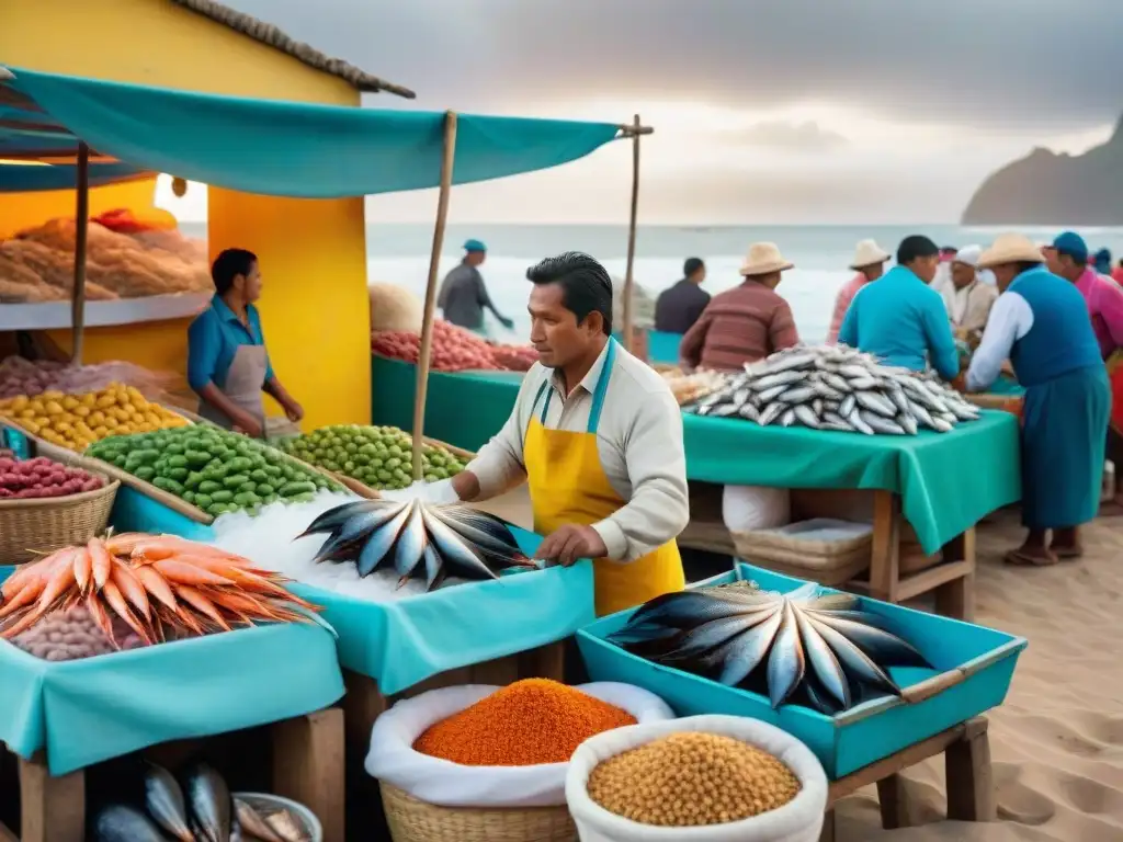 Vibrante mercado pesquero peruano en la costa con pescado fresco y vendedores